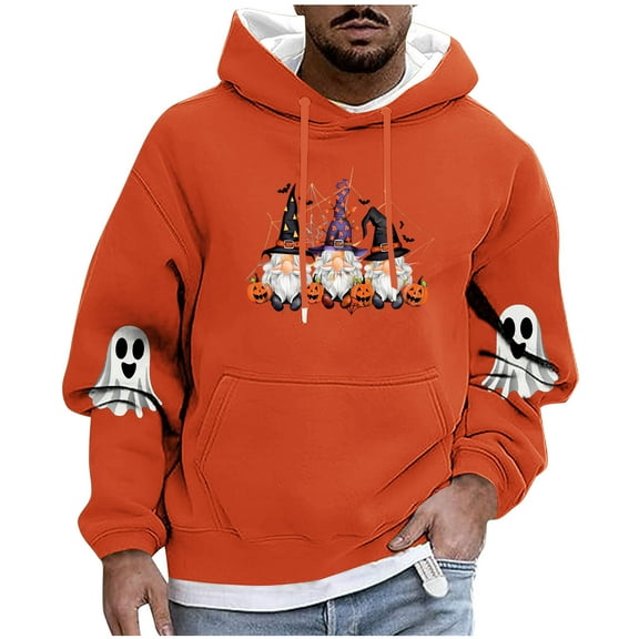 Enjoytime Halloween Hoodie Men Cute Printed Casual Oversized Sweatshirt Fashion Long Sleeve Drawstring Pullover Hoodies with Pockets Orange XXXXL