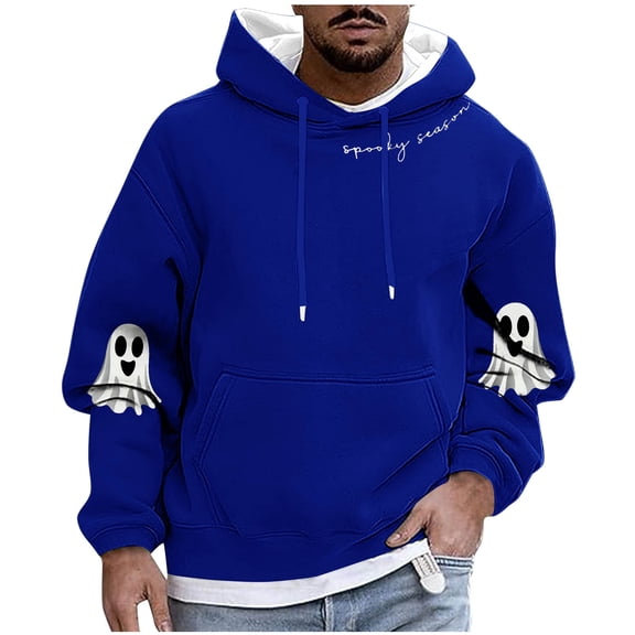 Enjoytime Halloween Hoodies for Men Cute Printed Long Sleeve Pullover Sweatshirt with Drawstring Fashion Casual Oversized Hoodie Blue XXL