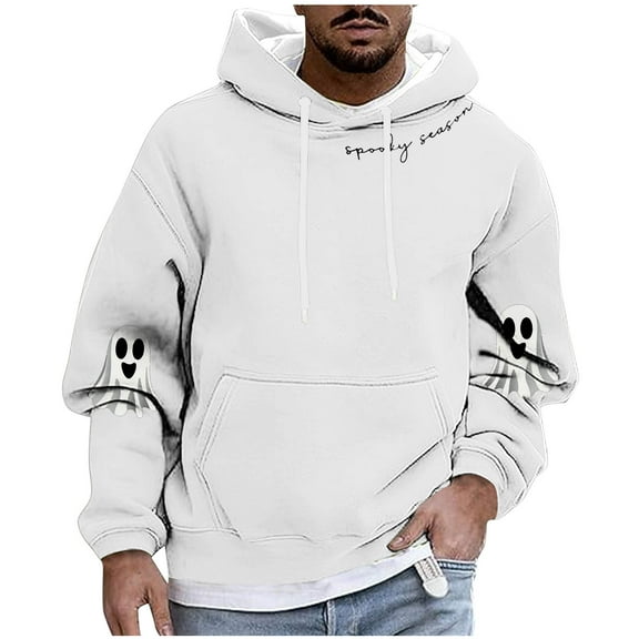 Enjoytime Halloween Hoodies for Men Cute Printed Long Sleeve Pullover Sweatshirt with Drawstring Fashion Casual Oversized Hoodie White M