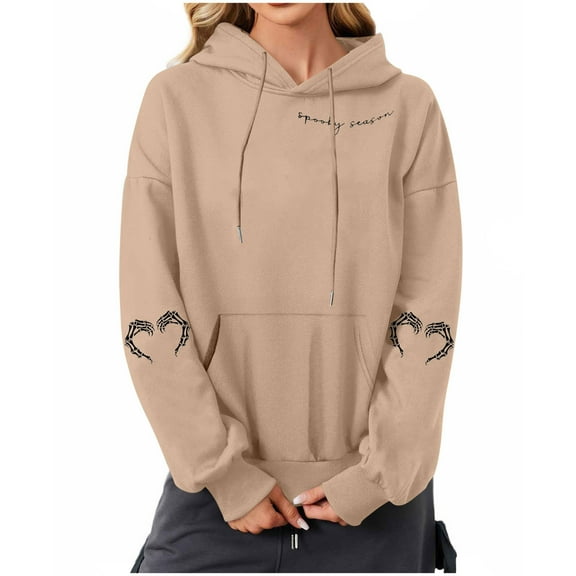 Enjoytime Halloween Hoodies for Women Vintage Printed Long Sleeve Crewneck Sweatshirts Casual Loose Fall Winter Pullover Tops Khaki S