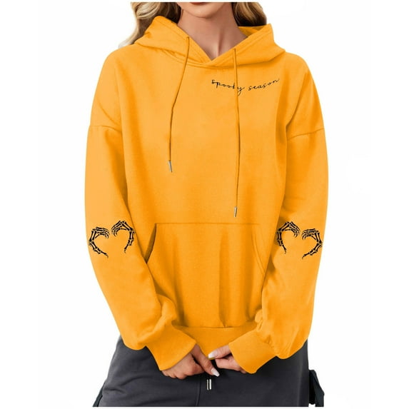 Enjoytime Halloween Hoodies for Women Vintage Printed Long Sleeve Crewneck Sweatshirts Casual Loose Fall Winter Pullover Tops Orange XL