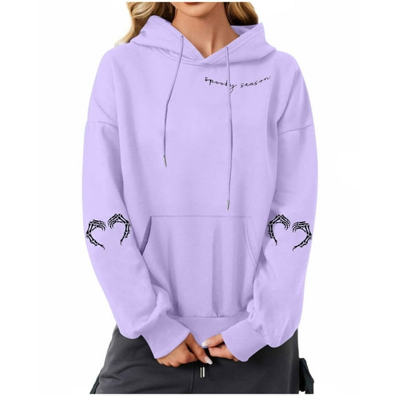 Enjoytime Halloween Hoodies for Women Vintage Printed Long Sleeve Crewneck Sweatshirts Casual Loose Fall Winter Pullover Tops Purple L