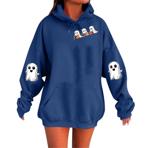 Enjoytime Halloween Hoodies for Women Vintage Printed Long Sleeve Pullover Tops Ghost Graphic Loose Cute Sweatshirts Fall Winter Clothing