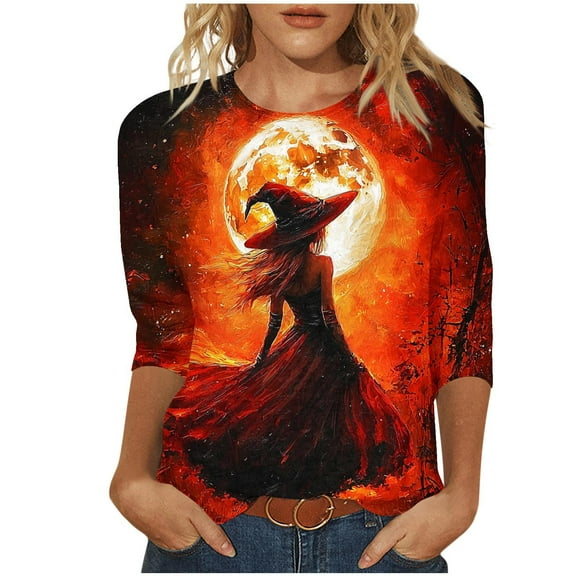 Enjoytime Halloween Ladies Tops and Blouses Vintage Printed Round Neck 3/4 Sleeve Shirts Trendy Fashion Plus Size Womens Clothing Red XXL
