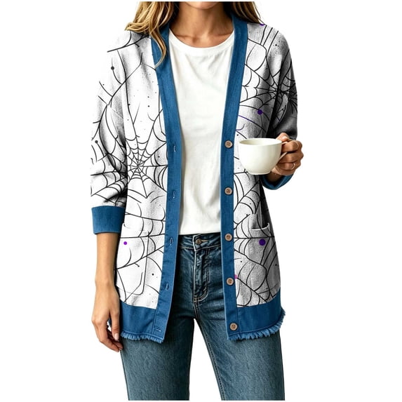 Enjoytime Halloween Lightweight Cardigans for Women Print Denim Patchwork Jacket Button Down Oversized Outerwear