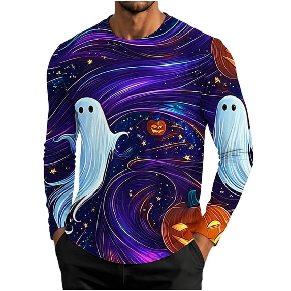 Enjoytime Halloween Men Shirt Print Crew Neck Long Sleeve Pullover Top Fall Loose Casual Halloween Graphic Shirts