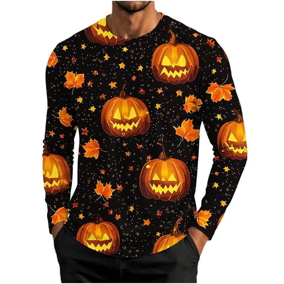 Enjoytime Halloween Mens Long Sleeve Shirt Pumpkin Print Crew Neck Pullover Top Fall Loose Casual Halloween Graphic Shirts