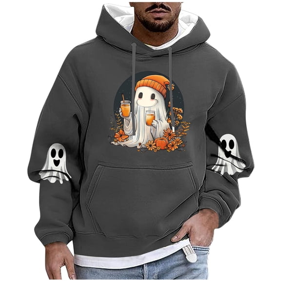 Enjoytime Halloween Mens Oversized Sweatshirt Printed Long Sleeve Pullover Hoodies with Drawstring Fashion Casual Party Hoodie Dark Gray XXXXL