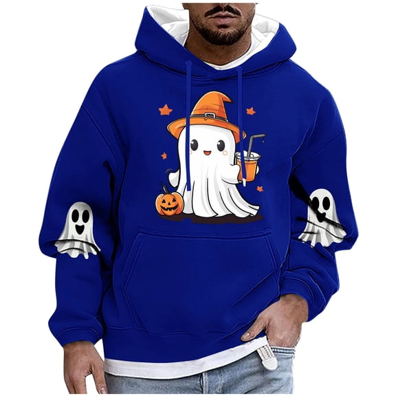 Enjoytime Halloween Mens Pullover Hoodies Cute Printed Long Sleeve Drawstring Sweatshirt Fashion Casual Loose Plus Size Clothes with Pockets Blue M