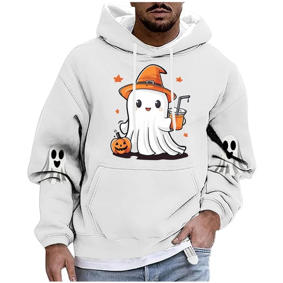 Enjoytime Halloween Mens Pullover Hoodies Cute Printed Long Sleeve Drawstring Sweatshirt Fashion Casual Loose Plus Size Clothes with Pockets White M