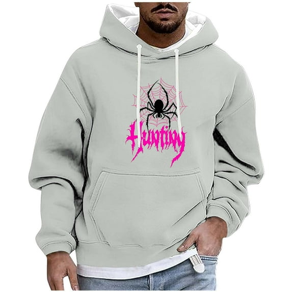 Enjoytime Halloween Mens Sweatshirt Vintage Printed Long Sleeve Drawstring Oversized Hoodies Casual Loose Pullover Tops Gray XXL