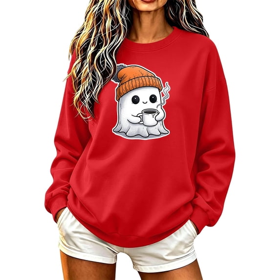 Enjoytime Halloween Oversized Sweatshirt for Women Casual Pullover Crew Neck Sweatshirts Fall Cute Ghost Graphic Long Sleeve Tops