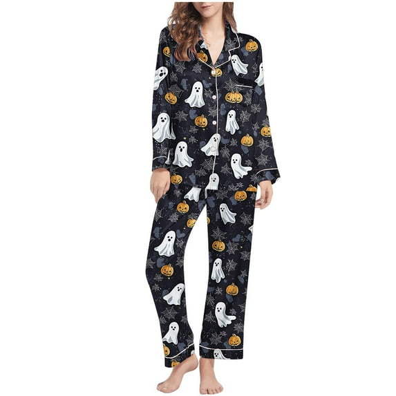 Enjoytime Halloween Pajama Sets for Women Ghost Printed Lapel Long Sleeve Button Down Blouse Loose Pants Cute Loungewear Casual Soft Comfy Sleepwear