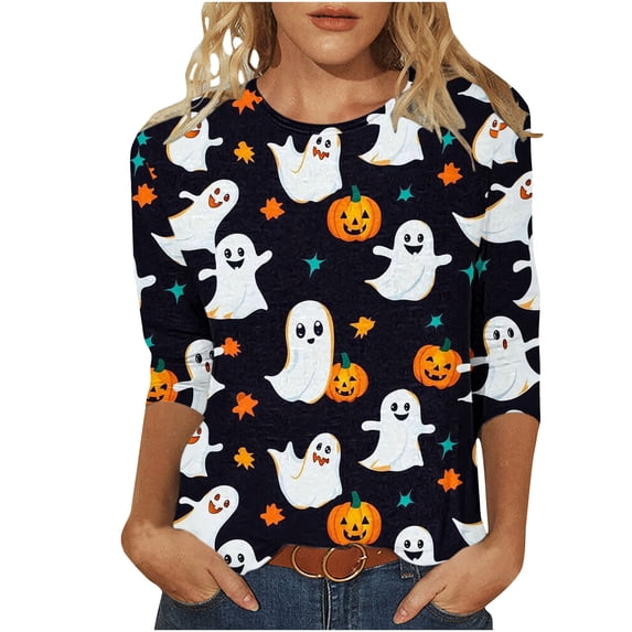 Enjoytime Halloween Shirt for Women Crew Neck 3/4 Sleeve Ghost Pumpkin Graphic Tops Plus Size Fashion Vintage Funny Casual Tees