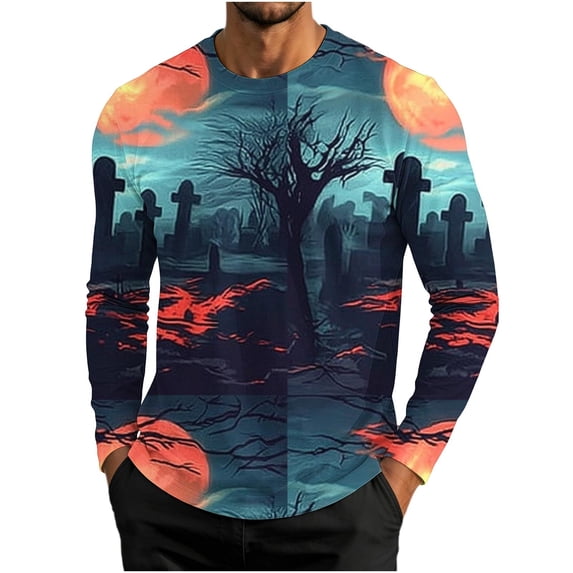 Enjoytime Halloween Shirts Men Print Crew Neck Long Sleeve Pullover Top Fall Loose Casual Halloween Graphic Shirt