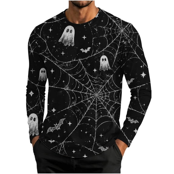 Enjoytime Halloween Shirts for Men Ghost Print Crew Neck Long Sleeve Pullover Top Fall Loose Casual Halloween Graphic Shirt