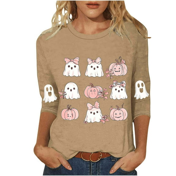 Enjoytime Halloween Shirts for Women Ghost Printed 3/4 Sleeve Tops Casual Round Neck Cute Blouses Fall Winter Plus Size Clothes