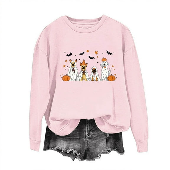 Enjoytime Halloween Sweatshirts Women Cute Spooky Printed Long Sleeved Casual Shirts Fall Holiday Crew Neck Pullover Tops