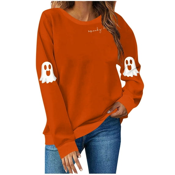 Enjoytime Halloween Sweatshirt for Women Cute Ghost Printed Round Neck Long Sleeve Sweatshirts Ghost Fall Winter Pullover Tops Orange M