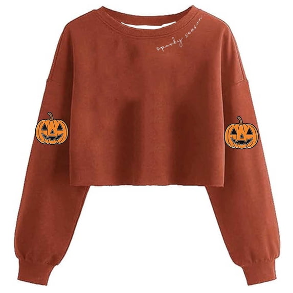 Enjoytime Halloween Sweatshirt for Women Ghost Printed Crewneck Long Sleeve Crop Sweatshirts Cute Casual Fall Winter Pullover Tops Orange M