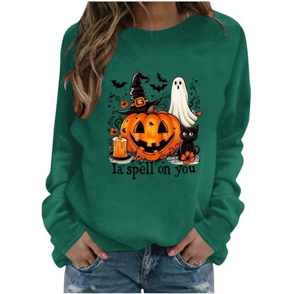 Enjoytime Halloween Sweatshirt for Women Ghost Pumpkin Print Long Sleeve Pullover Tops Cute Casual Crewneck Sweatshirts
