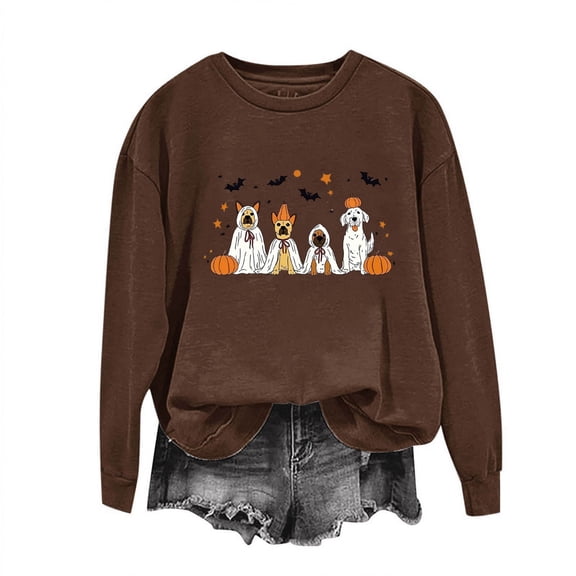 Enjoytime Halloween Sweatshirts Women Cute Spooky Printed Long Sleeved Casual Shirts Fall Holiday Crew Neck Pullover Tops