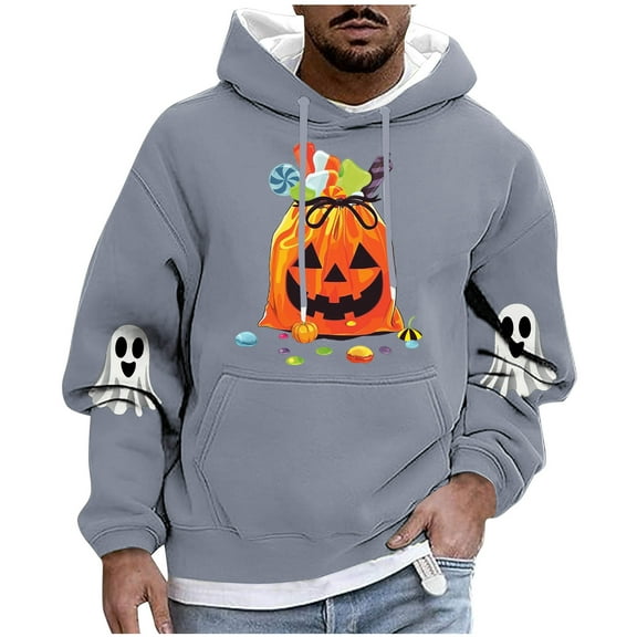 Enjoytime Halloween Sweatshirts for Men Cute Printed Long Sleeve Drawstring Pullover Hoodies Fashion Casual Festival Party Oversized Hoodie Gray L