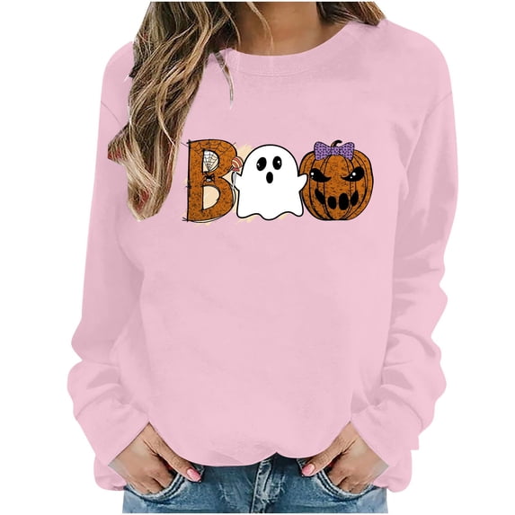 Enjoytime Halloween Sweatshirts for Women Funny Printed Crew Neck Long Sleeve Tops Fall Fashion Casual Spooky Season Sweatshirt
