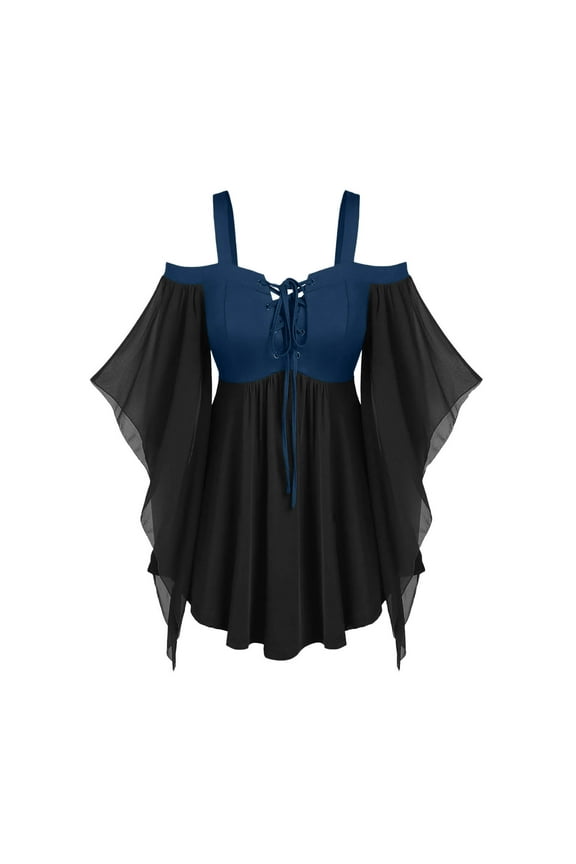 Halloween Tops for Women Patchwork V-Neck Short Sleeve Gothic Blouses with Bandage Vintage Casual Fall Winter Shirts Blue XL