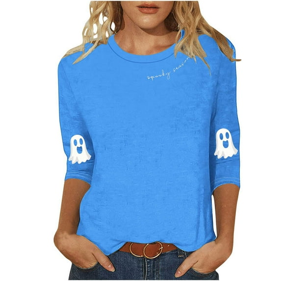 Enjoytime Halloween Women Blouses Vintage Ghost Printed 3/4 Sleeve Tops Round Neck Casual Cute Shirts Fall Winter Plus Size Womens Clothing