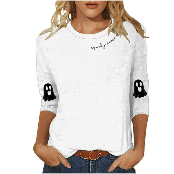 Enjoytime Halloween Women Blouses Vintage Ghost Printed 3/4 Sleeve Tops Round Neck Casual Cute Shirts Fall Winter Plus Size Womens Clothing