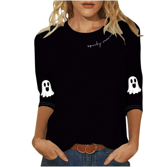Enjoytime Halloween Women Blouses Vintage Ghost Printed 3/4 Sleeve Tops Round Neck Casual Cute Shirts Fall Winter Plus Size Womens Clothing