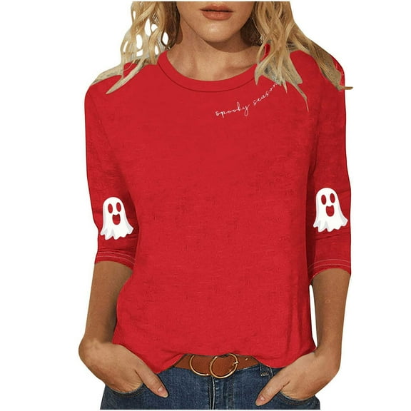 Enjoytime Halloween Women Blouses Vintage Ghost Printed 3/4 Sleeve Tops Round Neck Casual Cute Shirts Fall Winter Plus Size Womens Clothing