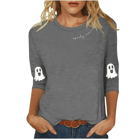 Enjoytime Halloween Women Blouses Vintage Ghost Printed 3/4 Sleeve Tops Round Neck Casual Cute Shirts Fall Winter Plus Size Womens Clothing