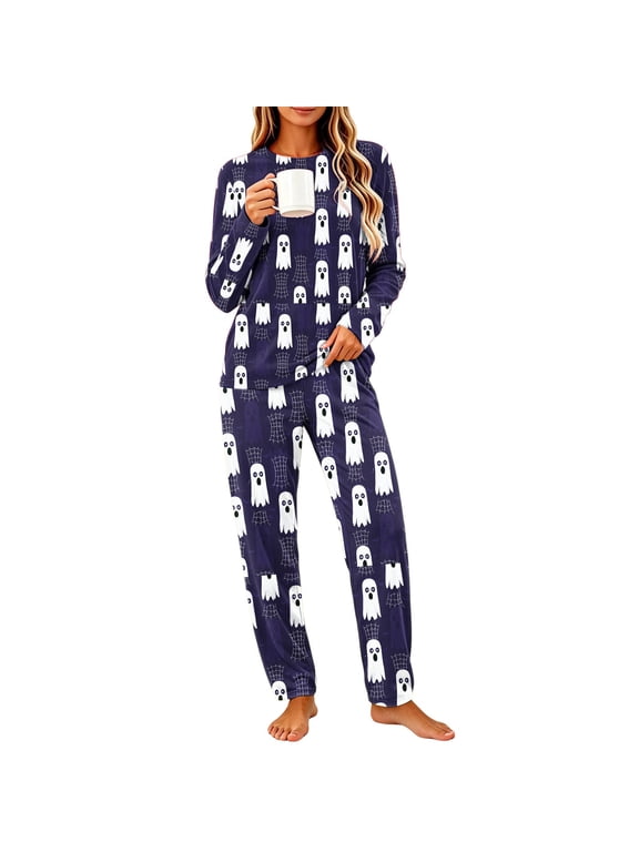 Halloween Women Pajama Sets Ghost Print Crew Neck Long Sleeve Tops Pants Sleepwear Cozy Comfy Plus Size 2 Piece Loungewear Set