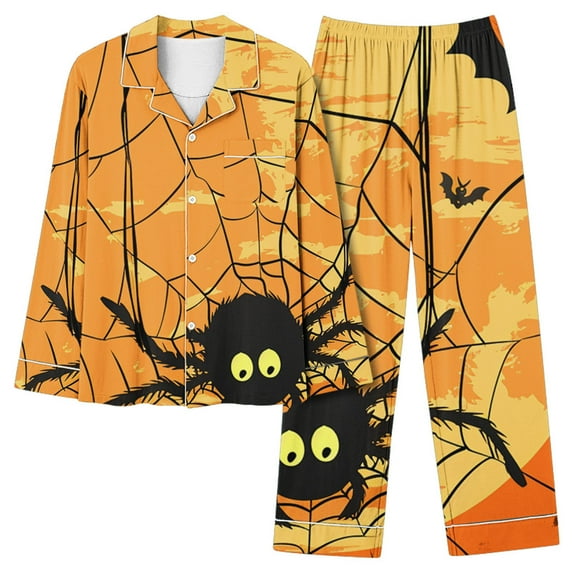 Enjoytime Halloween Women Pajama Sets Vintage Printed Long Sleeve Button Down Blouses Casual Pants Loungewear Loose Soft Comfy Sleepwear