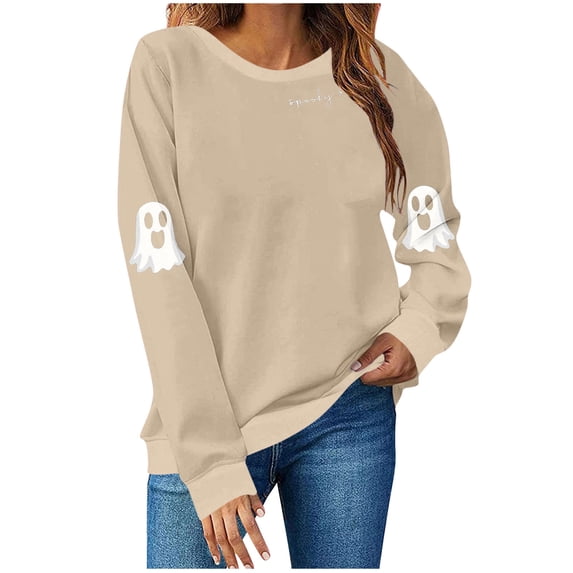 Enjoytime Halloween Women's Sweatshirt Ghost Printed Long Sleeve Pullover Tops Cute Casual Crew Neck Sweatshirts Fall Winter Clothes for Women Khaki M
