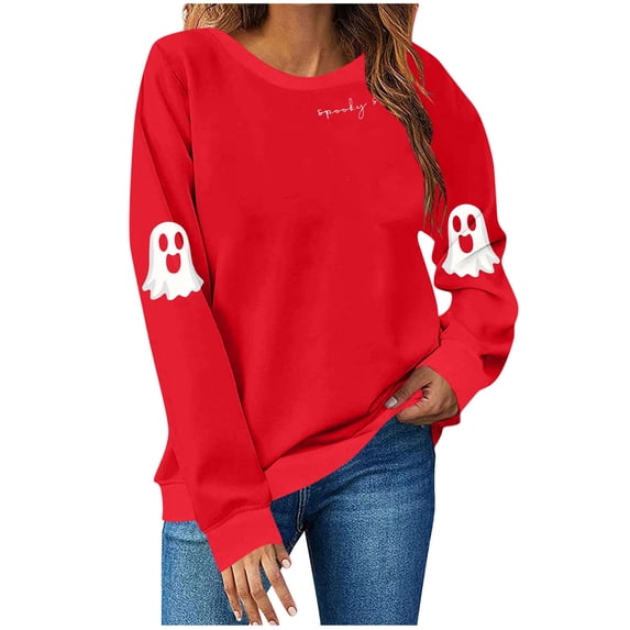 Enjoytime Halloween Women's Sweatshirt Ghost Printed Long Sleeve Pullover Tops Cute Casual Crew Neck Sweatshirts Fall Winter Clothes for Women Red M