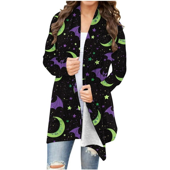 Enjoytime Halloween Womens Cardigan Vintage Print Long Sleeved Medium Length Cardigans Winter Casual Outerwear Coat