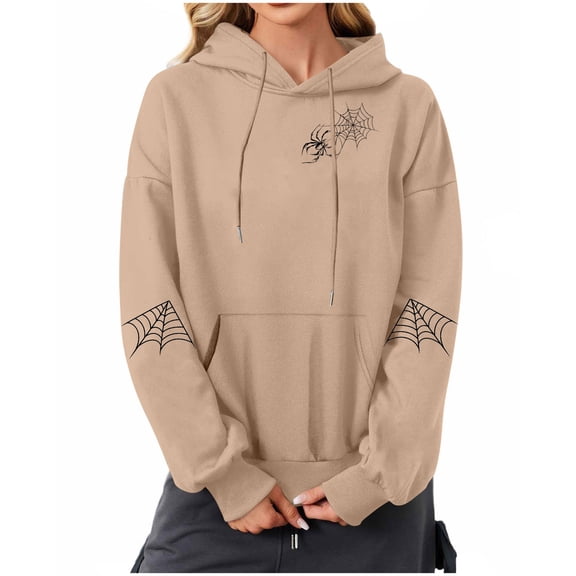 Enjoytime Halloween Womens Hoodies Vintage Printed Long Sleeve Pullover Tops Fall Winter Casual Loose Crewneck Sweatshirts Women Khaki L