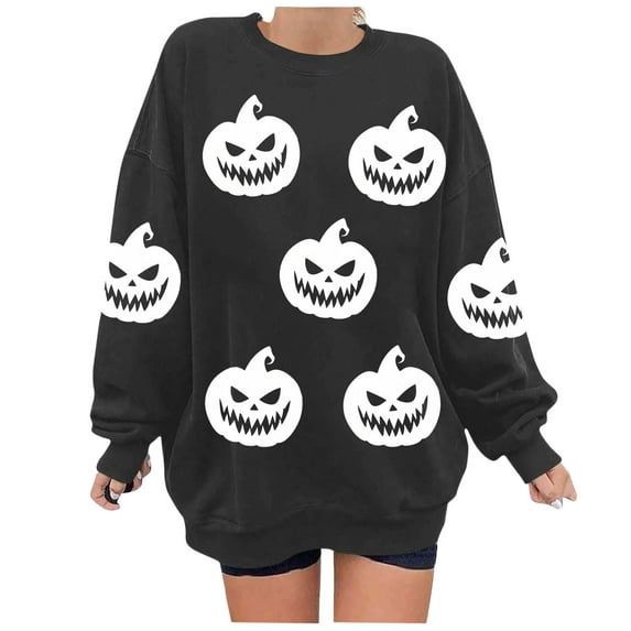 Enjoytime Halloween Womens Long Sleeve Tops Vintage Pumpkin Printed Round Neck Pullover Sweatshirts Spooky Season Casual Loose Cute Sweatshirt
