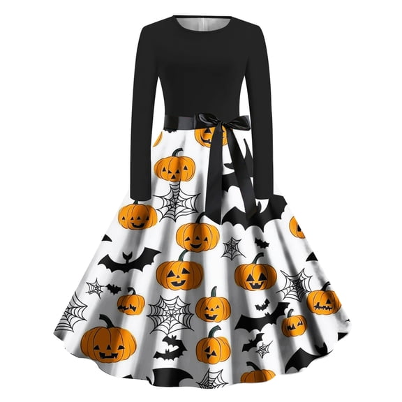 Enjoytime Halloween Womens Midi Dress Printed Round Neck Long Sleeve Gothic Dresses with Bandage Vintage Elegant Party Dresses Multicolor M