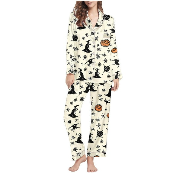 Enjoytime Halloween Womens Pajama Set Vintage Printed Lapel Long Sleeve Button Down Blouse Loose Pants Loungewear Casual Soft Comfy Sleepwear