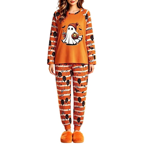 Enjoytime Halloween Womens Pajama Sets Pumpkin Ghost Print Cute Matching Sleepwear Long Sleeve Top Striped Pants 2 Piece Lounge Set