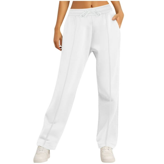 Enjoytime High Waisted Pants for Women Solid Color Wide Leg Pants with Pockets Business Casual Travel Workout Trousers 2025 White M