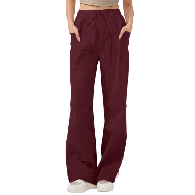 Enjoytime Hiking Pants Women Solid Color High Waisted Cargo Pants Casual Loose Thin Travel Trousers with Pockets Wine L