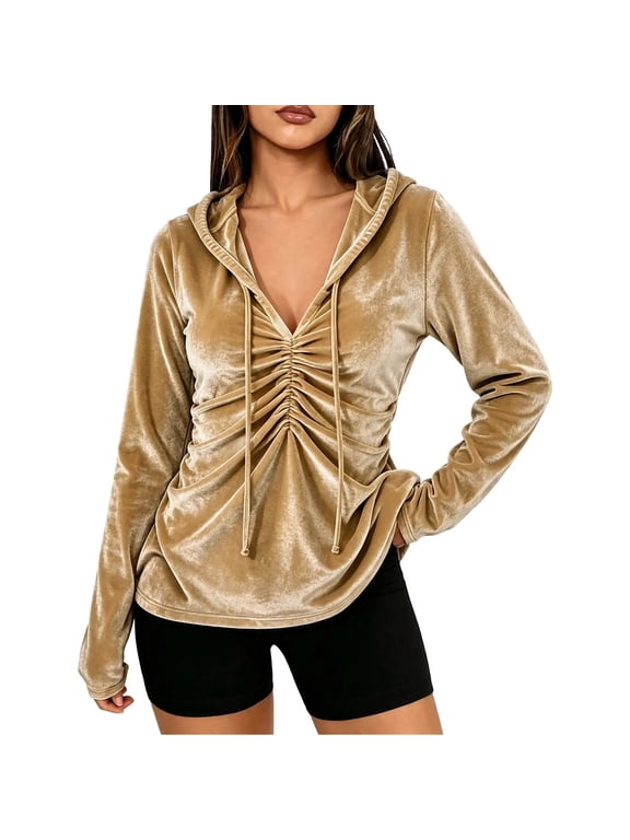 Hooded Tops for Women Velvet Drawstring Ruched Long Sleeve Shirts Work Dressy Casual V Neck Slim Fit Blouses