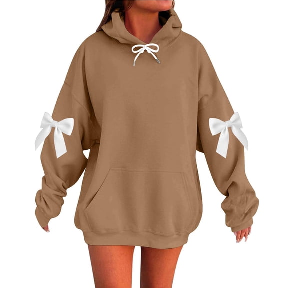 Enjoytime Hoodies for Women Bow Printed Off Shoulder Long Sleeve Sweatshirt Holiday Casual Loose Pullover Hoodie Fall Winter Plus Size Clothing Coffee XXXXXL