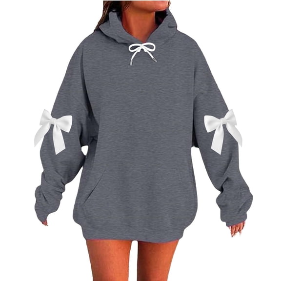 Enjoytime Hoodies for Women Bow Printed Off Shoulder Long Sleeve Sweatshirt Holiday Casual Loose Pullover Hoodie Fall Winter Plus Size Clothing Gray XXXXXL
