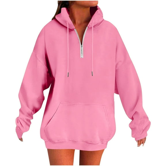 Enjoytime Hoodies for Women Solid Color Long Sleeve Quarter Zip Up Hoodie Casual Fashion Pullover Sweatshirts Fall Winter Plus Size Womens Clothing Pink XXL